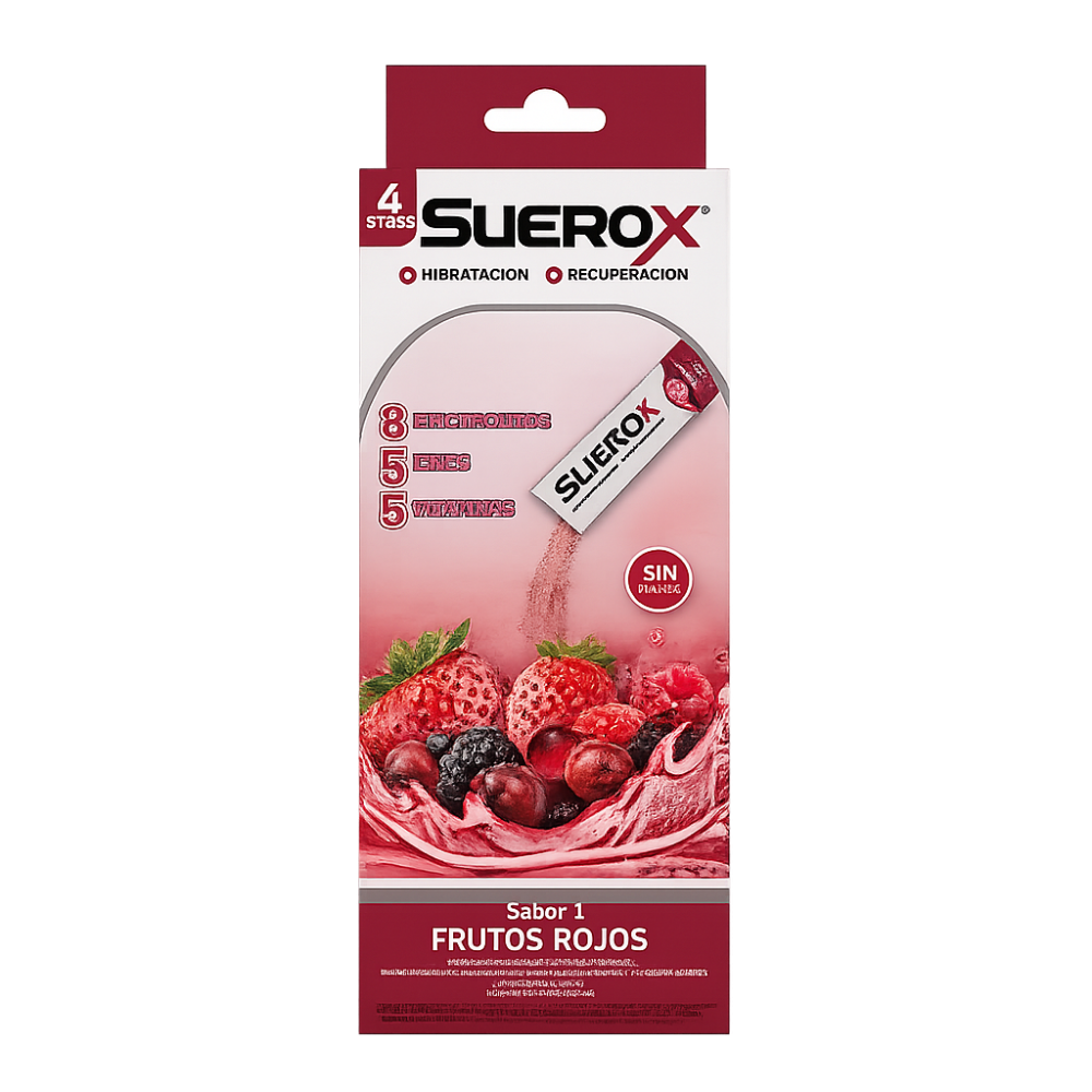 SUEROX POLVO FRUTOS ROJOS BEBIDA 20 GR X 4 UND
