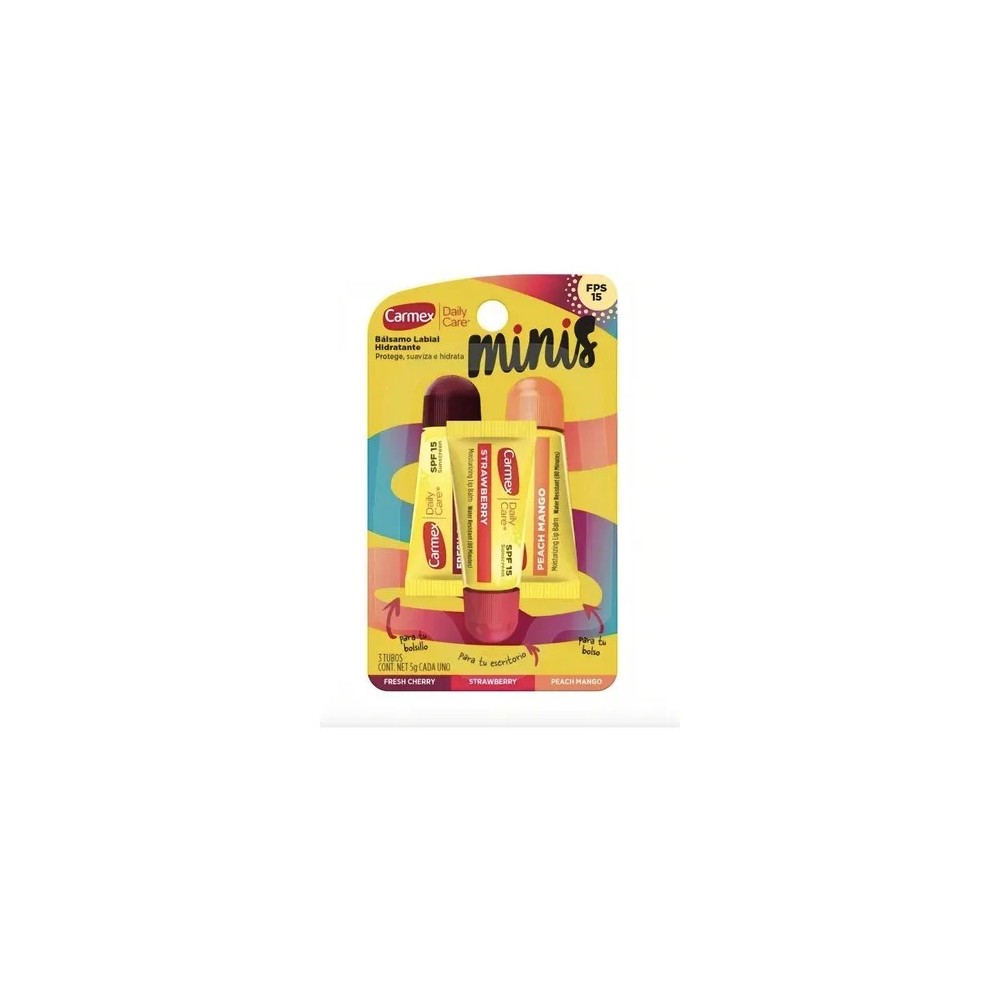 CARMEX BALSAMO MINIS STRAWBERRY CHERRY MANGO FPS15 X 5 GR X 3 UND