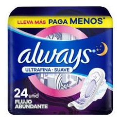 ALWAYS TOALLA ULTRA FINA SUAVE FLUJO ABUNDANTE C/A X 24 UND