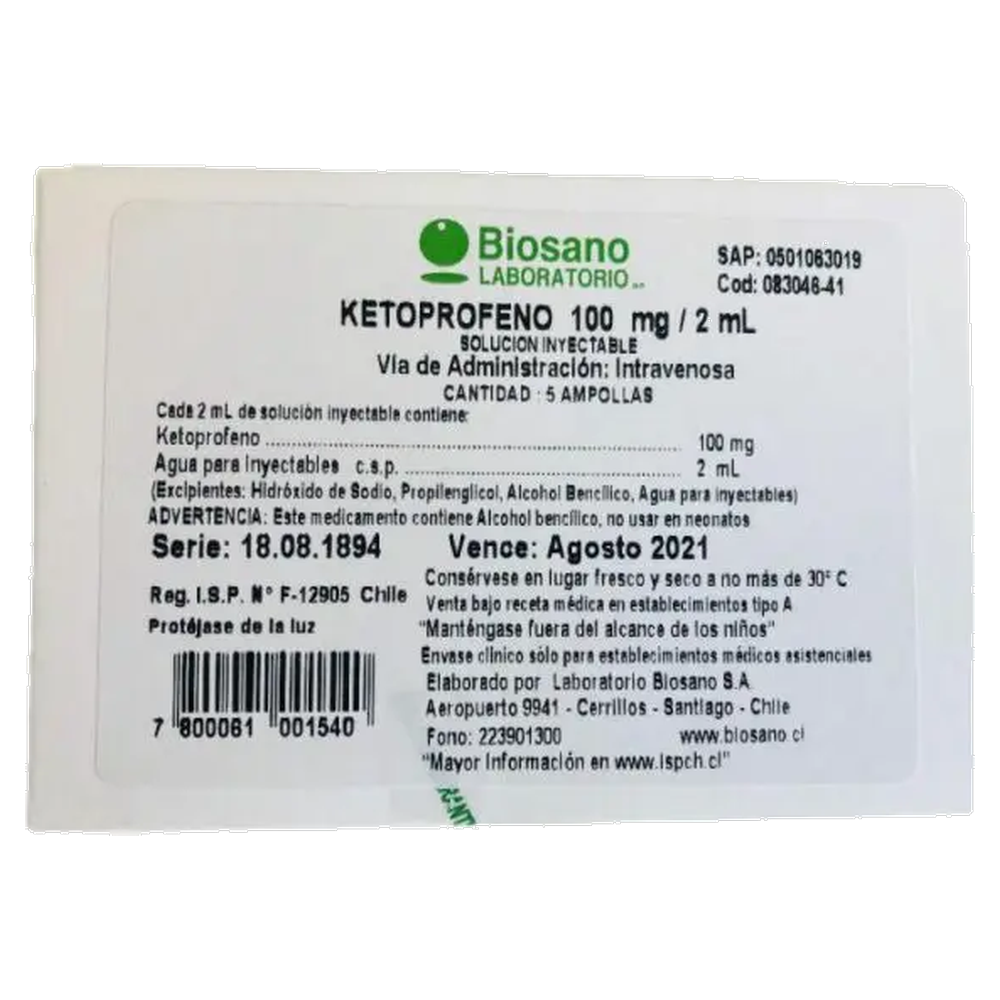 KETOPROFENO AMP 100 MG 2 ML IV X 100 BIOSANO (EC)