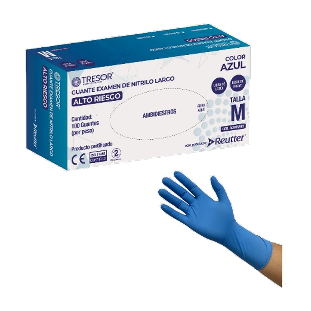 GUANTE EXAMEN NITRILO ALTO RIESGO AZUL M X 100 UND