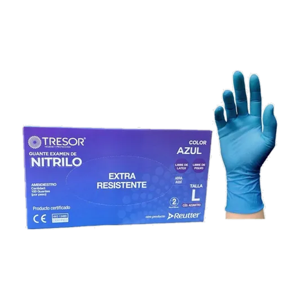 GUANTE EXAMEN NITRILO L/P AZUL TRESOR L X 100 UND (DM)