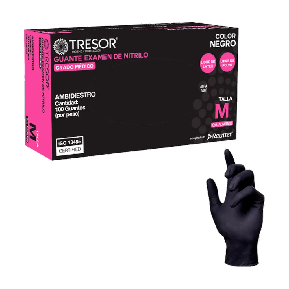 GUANTE EXAMEN NITRILO L/P NEGRO TRESOR M X 100 UND (DM)