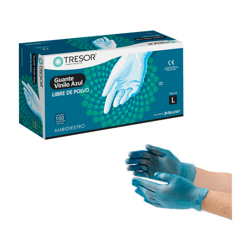 GUANTE EXAMEN VINILO L/P AZUL TRESOR L X 100 UND (DM)