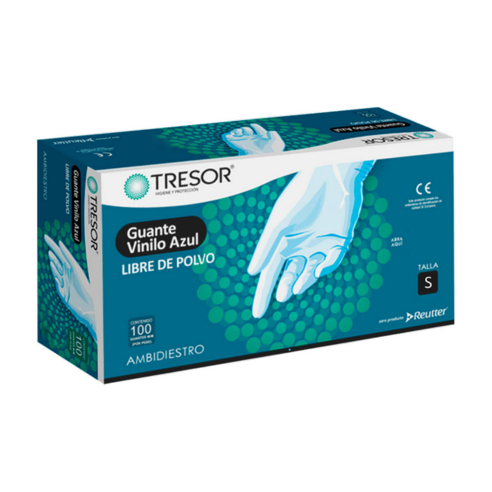 GUANTE EXAMEN VINILO L/P AZUL TRESOR S