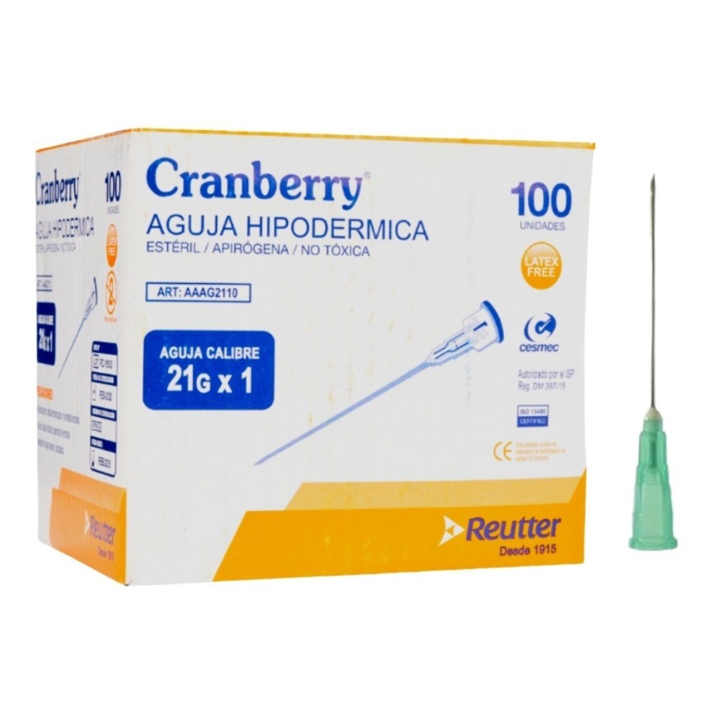 AGUJA HIPODERMICA 21 G X 1 1/2 CAJA X 100 CRANBERRY (DM)
