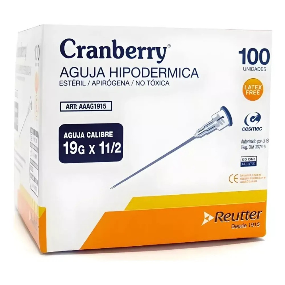 AGUJA HIPODERMICA 19 G X 1 1/2 CAJA X 100 CRANBERRY (DM)