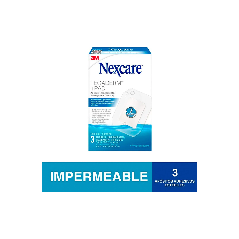 NEXCARE TEGADERM+PAD APOSITO TRANSPARENTE 7DIAS 5X7CM X3