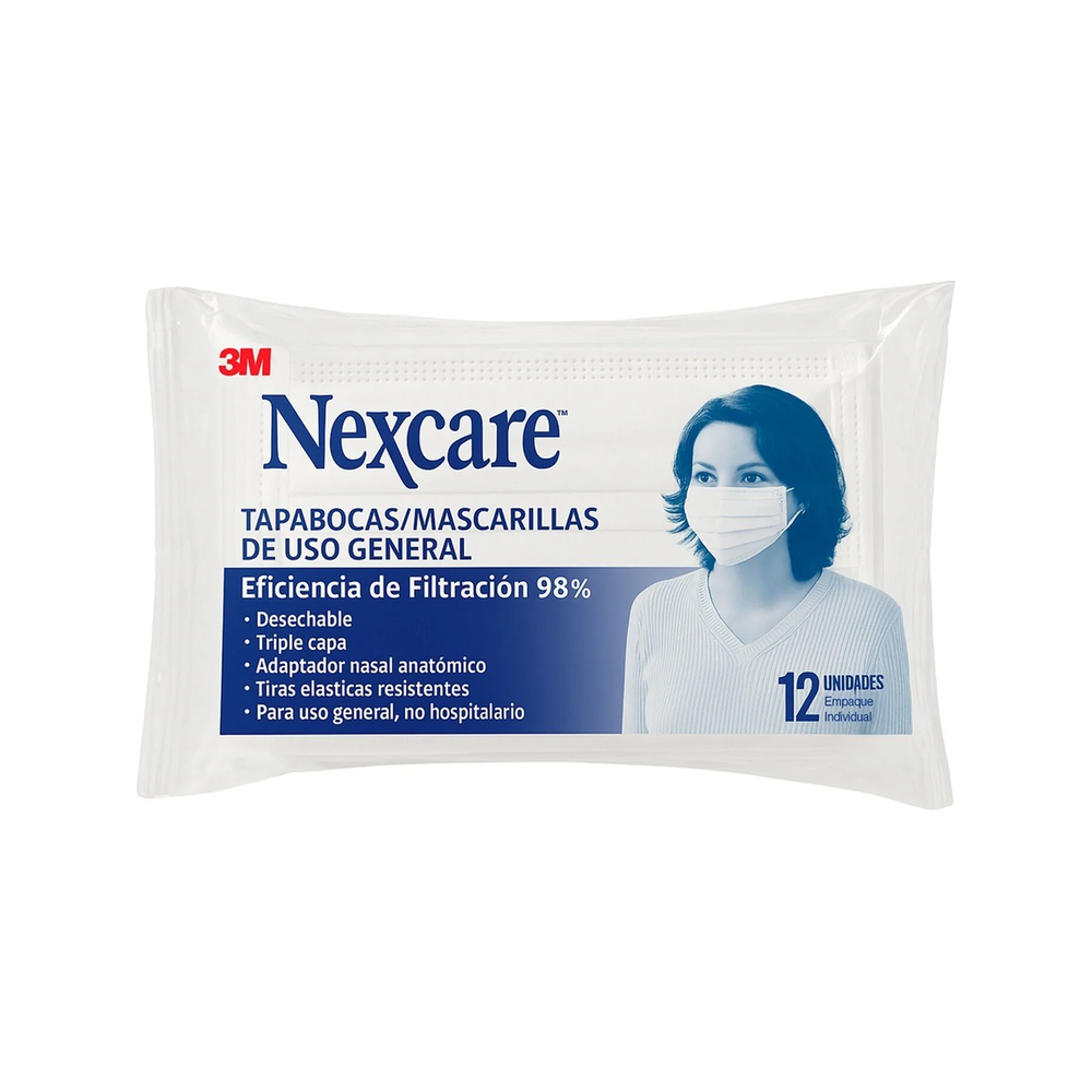 NEXCARE MASCARILLA ELASTICA Y DESECHABLE TRIPLE CAPA X12