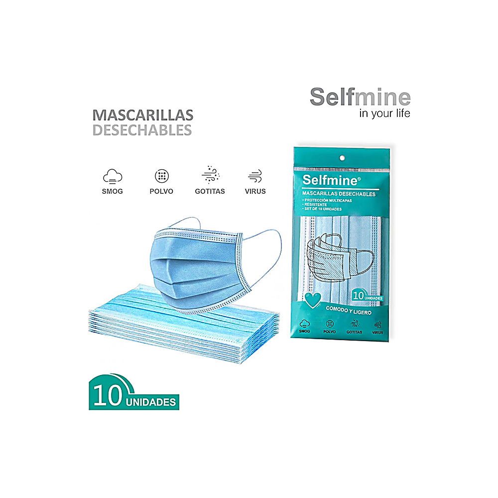 SELFMINE MASCARILLAS DESECHABLES PROTECCION MULTICAPAS RESISTENTE X10