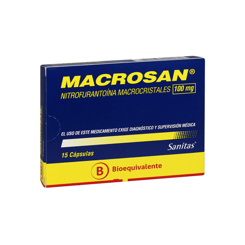 Macrosan (B) Nitrofurantoina 100mg 15 Cápsulas / PRECIO POR UNIDAD DE MEDIDA / $ 365.- valor por unidad
