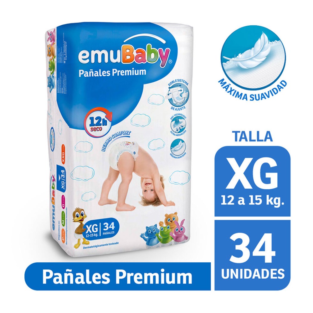 Pañal Desechable EMUBABY Premium Talla XG 34 Unidades